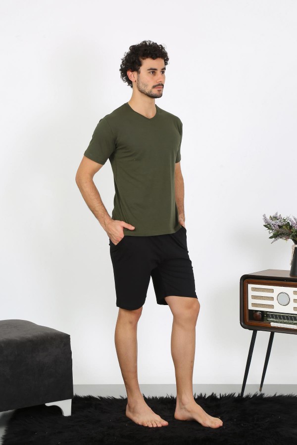moda çizgi Erkek Penye Haki 3'lü Pijama Takımı 6848