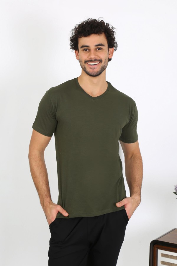 moda çizgi Erkek Penye Haki 3'lü Pijama Takımı 6848