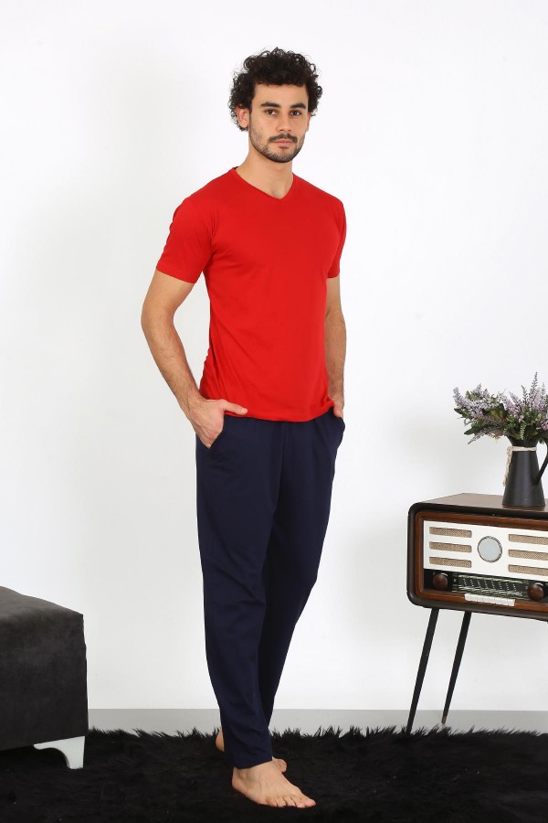 moda çizgi Erkek Penye Kırmızı 3'lü Pijama Takımı 6848