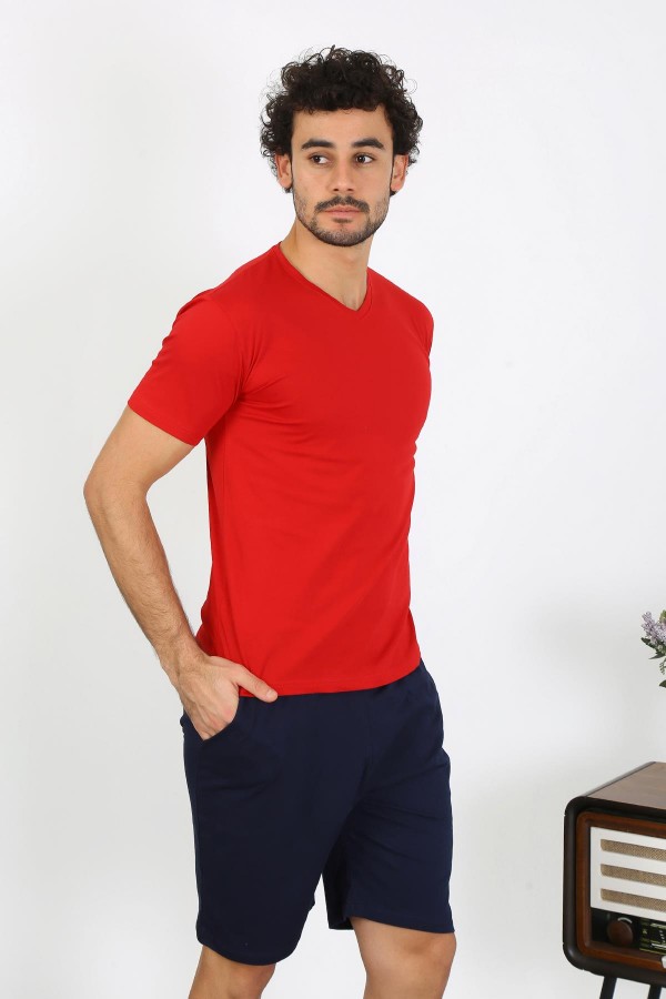 moda çizgi Erkek Penye Kırmızı 3'lü Pijama Takımı 6848