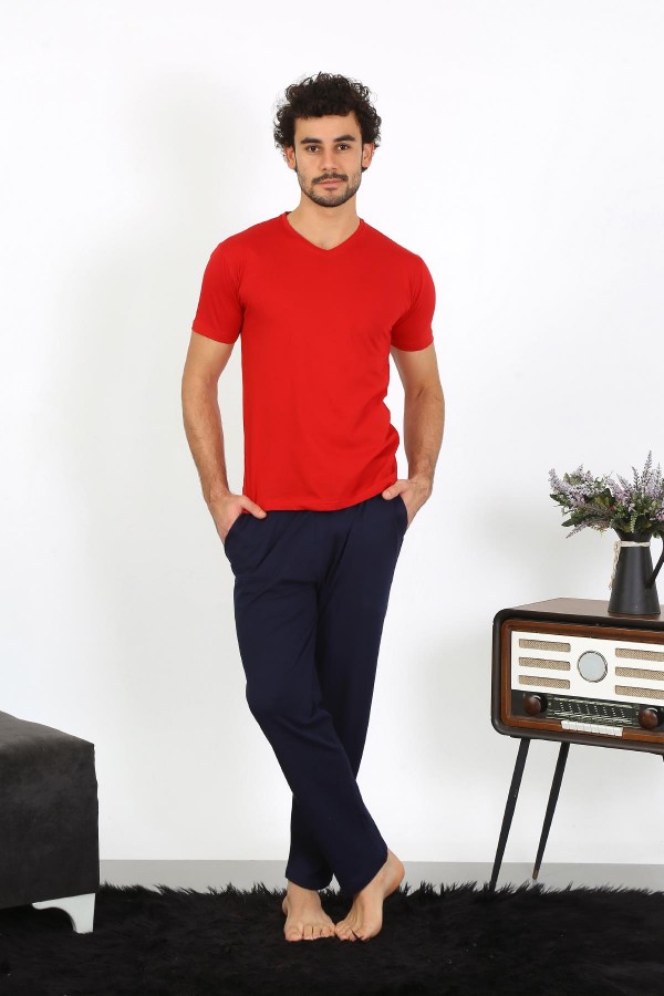 moda çizgi Erkek Penye Kırmızı 3'lü Pijama Takımı 6848