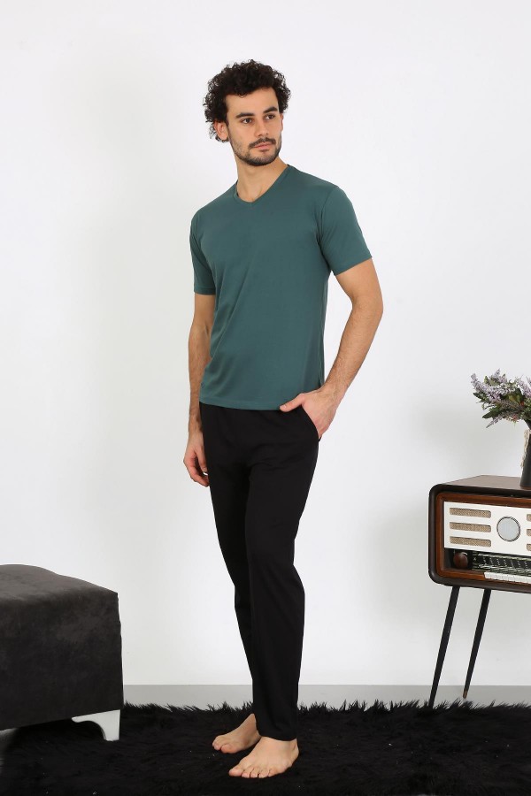 moda çizgi Erkek Penye Petrol Rengi 3'lü Pijama Takımı 6848