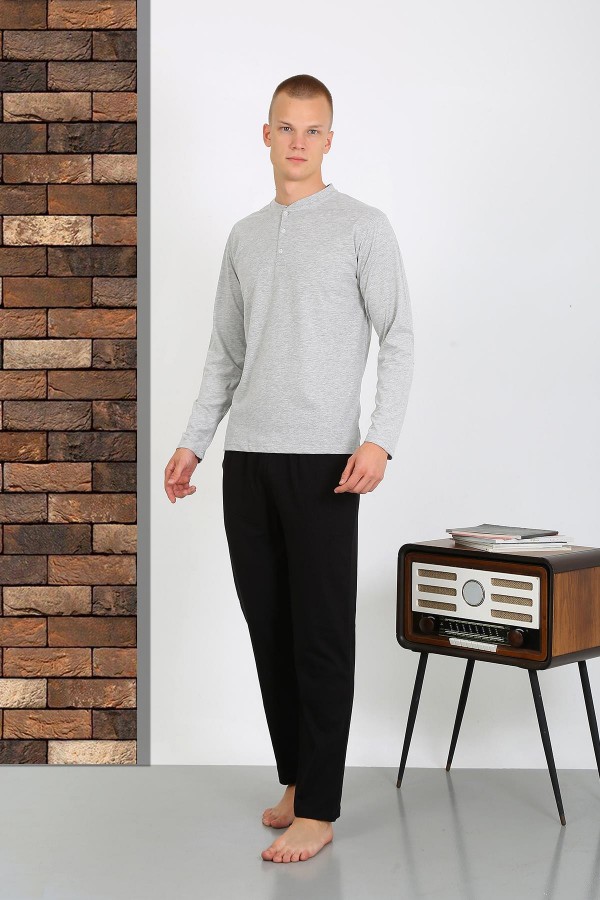 Moda Çizgi Erkek Penye Uzun Kol Pijama Takımı 6860 GRİ