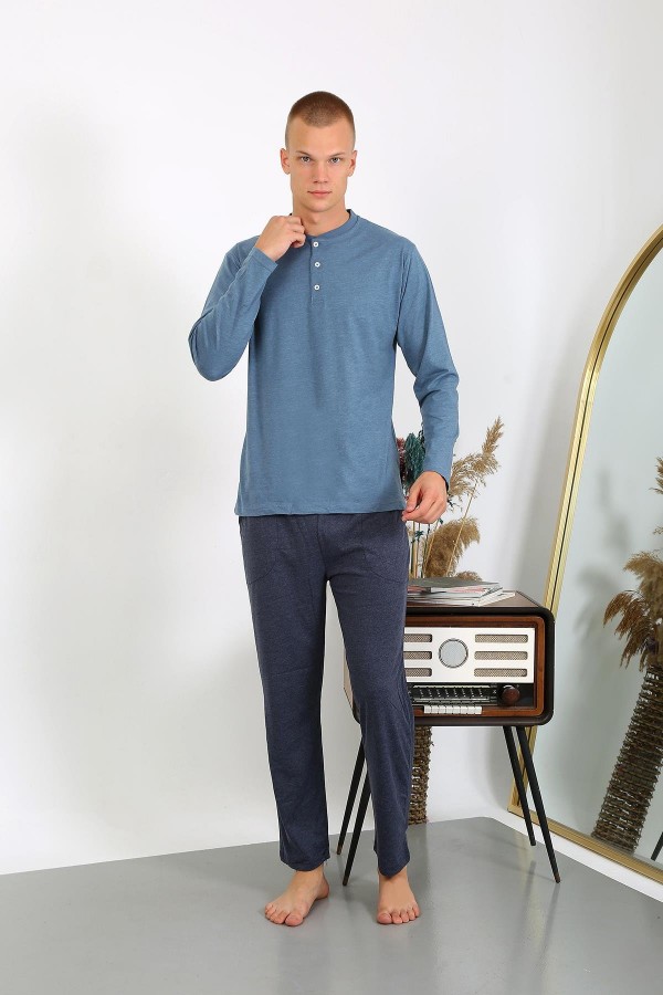 Moda Çizgi Erkek Penye Uzun Kol Pijama Takımı 6860 İndigo