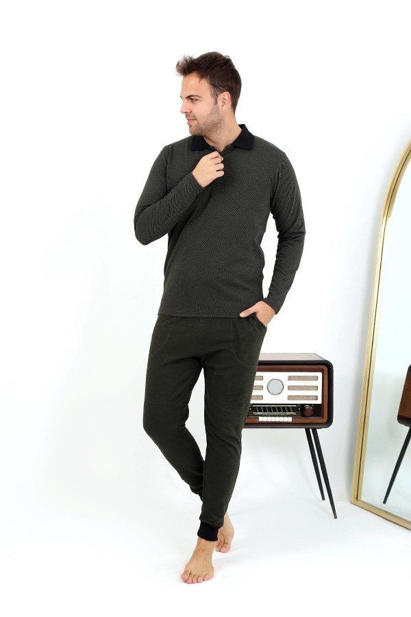 Moda Çizgi Erkek Polo Yaka Uzun Kol Penye Pijama Takımı 6862 Haki