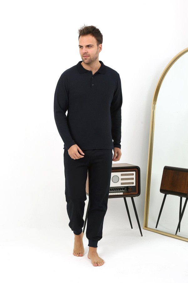 Moda Çizgi Erkek Polo Yaka Uzun Kol Penye Pijama Takımı 6862 Lacivert