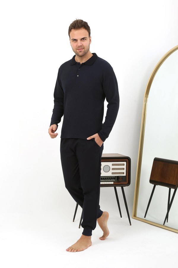Moda Çizgi Erkek Polo Yaka Uzun Kol Penye Pijama Takımı 6862 Lacivert