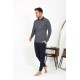 Moda Çizgi Erkek Polo Yaka Uzun Kol Penye Pijama Takımı Lacivert 6864