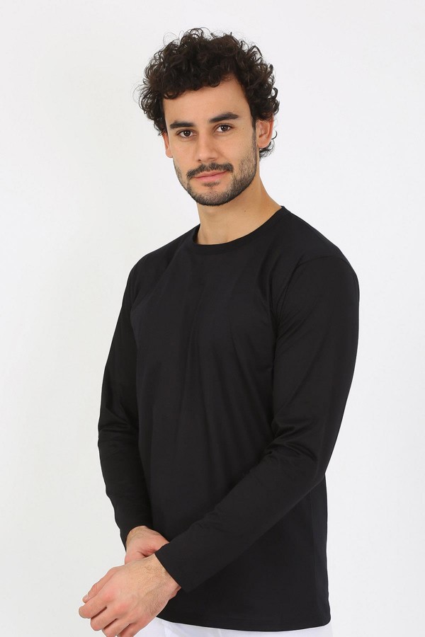 Moda Çizgi Erkek Sıfır Yaka Uzun Kol Siyah Fanila 6590