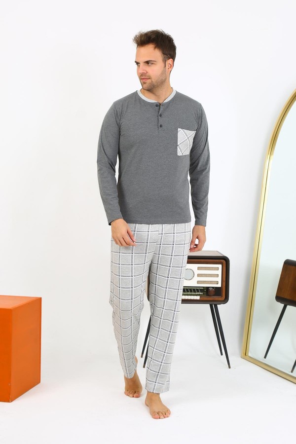 Moda Çizgi Erkek Uzun Kol Penye Antrasit Pijama Takımı 6861