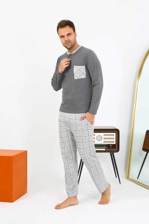 Moda Çizgi Erkek Uzun Kol Penye Antrasit Pijama Takımı 6861