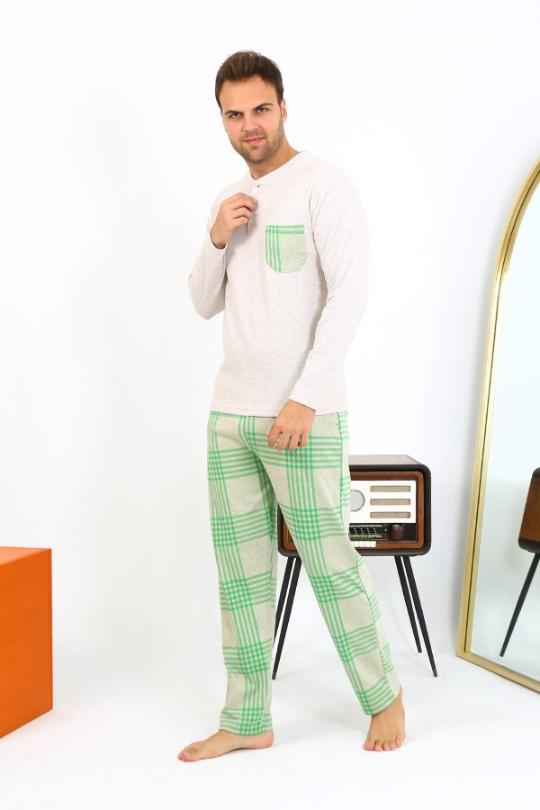 Moda Çizgi Erkek Uzun Kol Penye Krem Pijama Takımı 6861