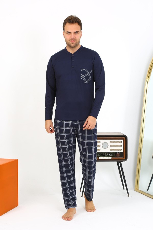 Moda Çizgi Erkek Uzun Kol Penye Lacivert Pijama Takımı 6861