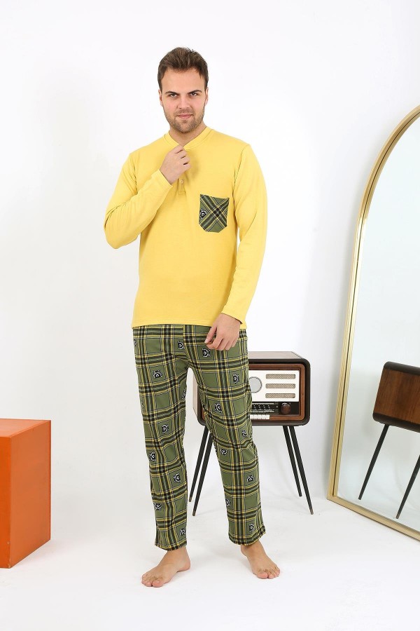 Moda Çizgi Erkek Uzun Kol Penye Sarı Pijama Takımı 6861