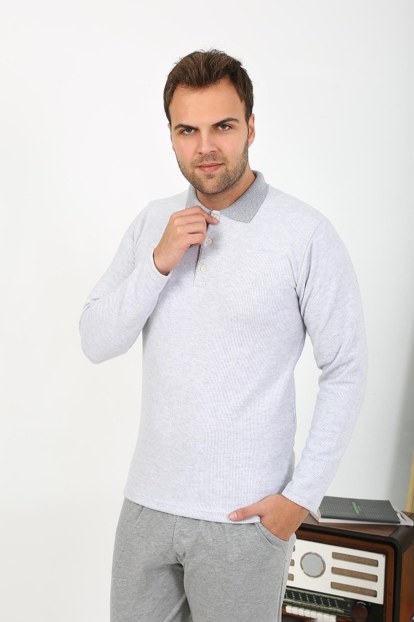 Moda Çizgi Erkek Uzun Kol Penye Tek Üst Pijama Tshırt 6871 Gri