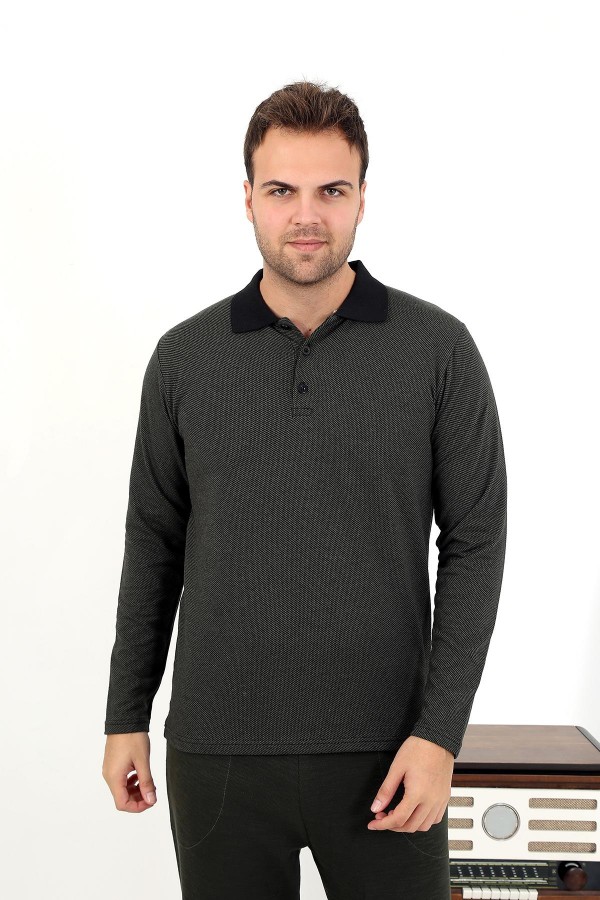 Moda Çizgi Erkek Uzun Kol Penye Tek Üst Pijama Tshırt 6871 Haki
