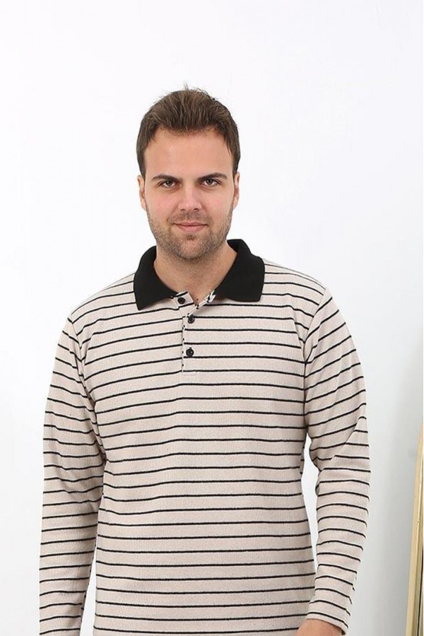 Moda Çizgi Erkek Uzun Kol Penye Tek Üst Pijama Tshırt 6871 Krem