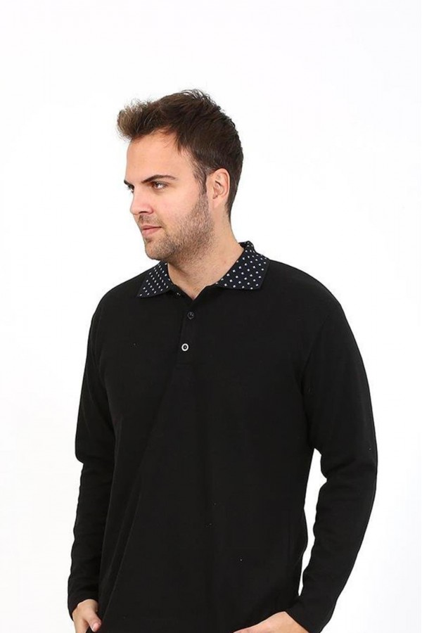 Moda Çizgi Erkek Uzun Kol Penye Tek Üst Pijama Tshırt 6871 Siyah