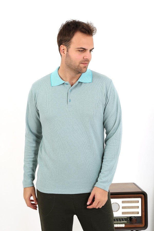 Moda Çizgi Erkek Uzun Kol Penye Tek Üst Pijama Tshırt 6871 Suyeşili