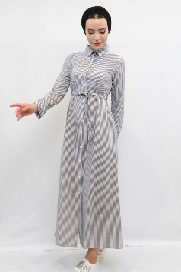 Moda Çizgi Gofre Elbise Gri