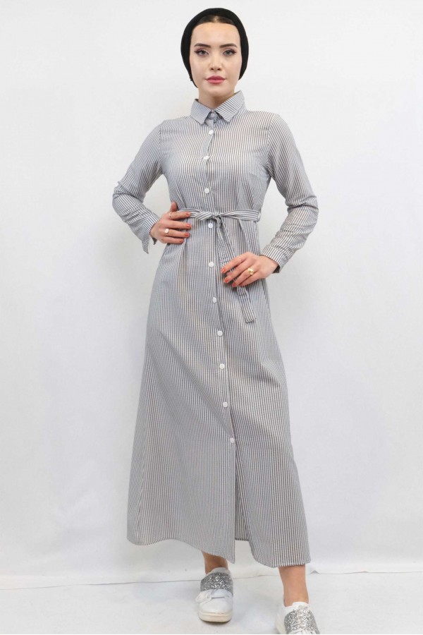 Moda Çizgi Gofre Elbise Gri