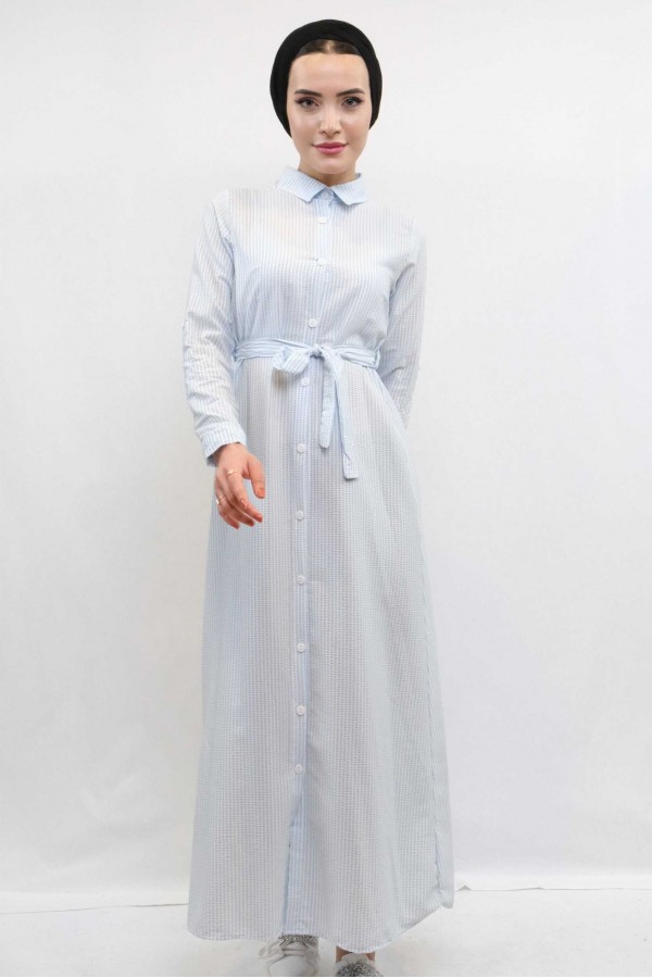 Moda Çizgi Gofre Elbise Mavi