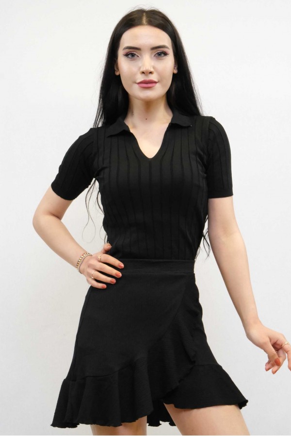 Moda Çizgi Gömlek Yaka Triko Bluz Siyah
