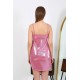 Moda Çizgi İp Askılı Kısa Parlak Gecelik Ev Giyim Pembe 7416