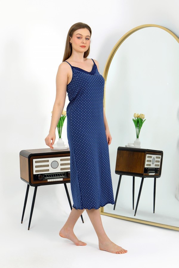 Moda Çizgi İp Askılı Uzun Yırtmaçlı Penye Gecelik 90130 Lacivert