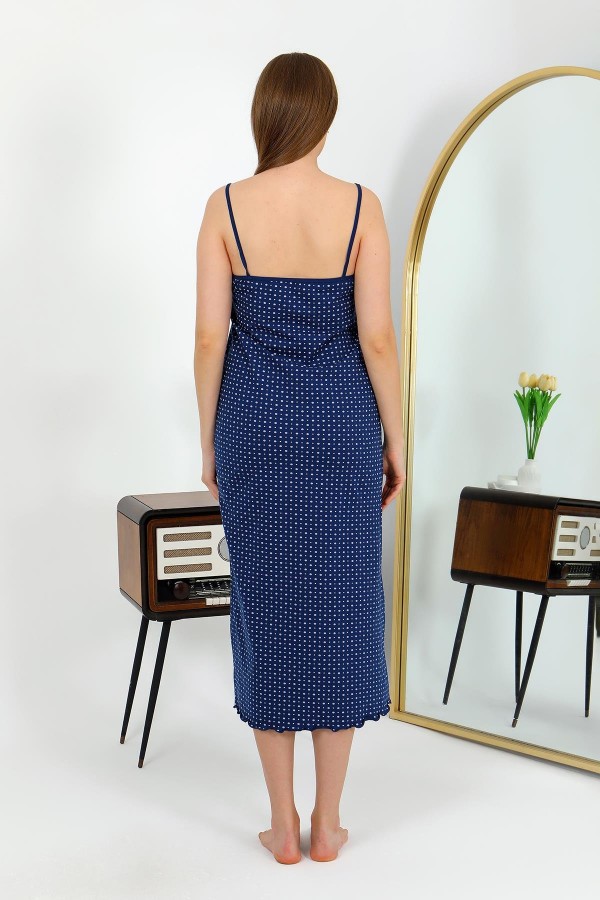 Moda Çizgi İp Askılı Uzun Yırtmaçlı Penye Gecelik 90130 Lacivert