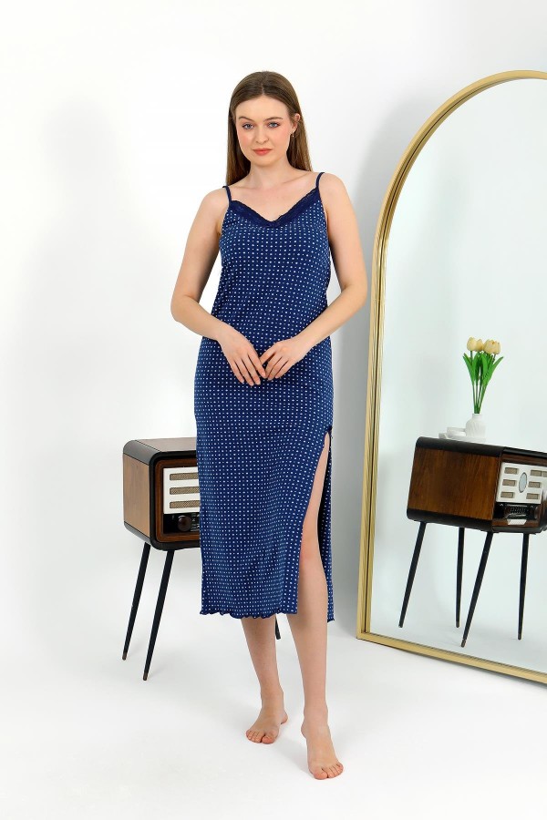 Moda Çizgi İp Askılı Uzun Yırtmaçlı Penye Gecelik 90130 Lacivert