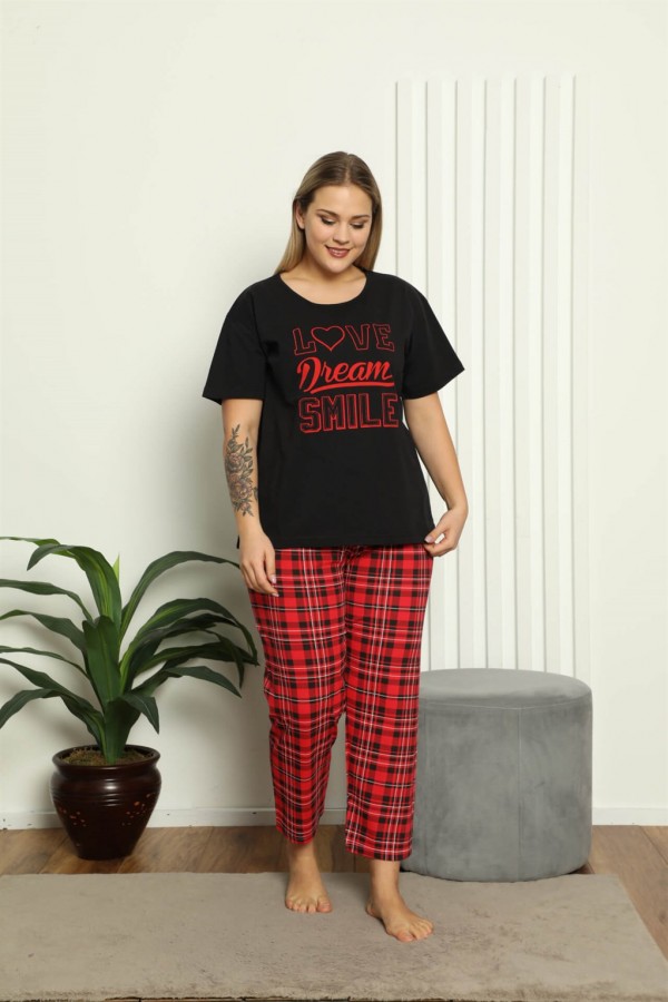 moda çizgi Kadın %100 Pamuk Kısa Kol Büyük Beden Pijama Takım 202145