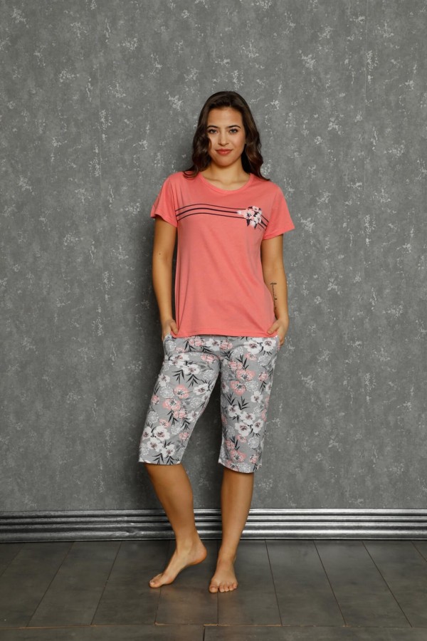 moda çizgi Kadın %100 Pamuk Penye Kısa Kol Kapri Pijama Takım 3566