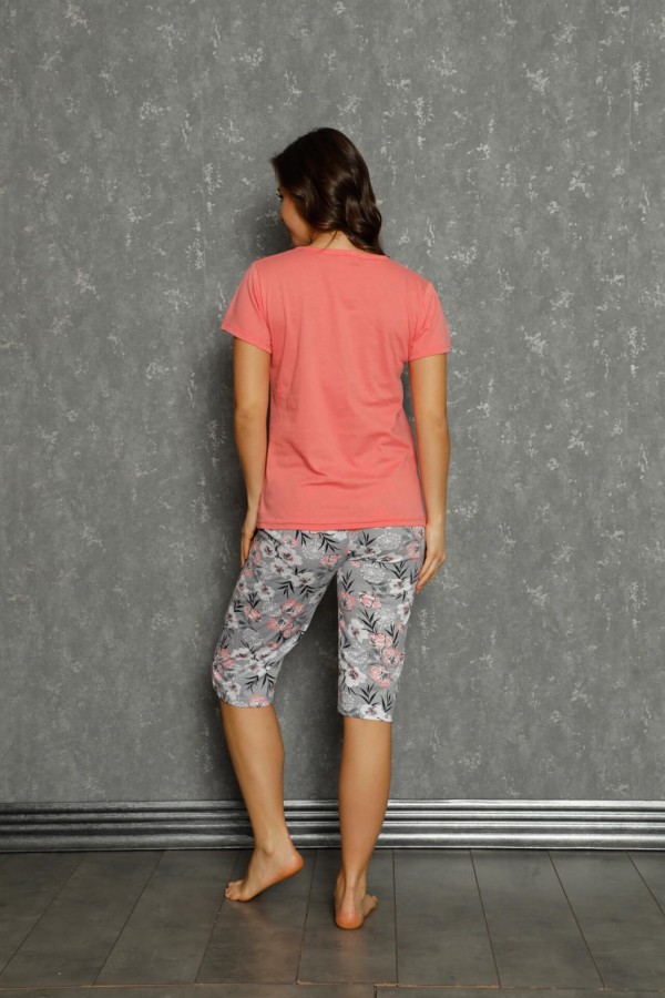 moda çizgi Kadın %100 Pamuk Penye Kısa Kol Kapri Pijama Takım 3566