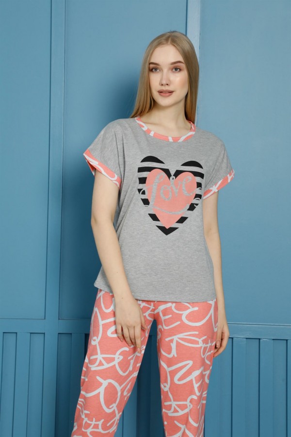 moda çizgi Kadın %100 Pamuk Penye Kısa Kol Pijama Takım 3454