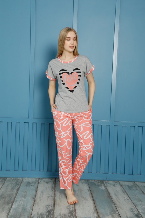 moda çizgi Kadın %100 Pamuk Penye Kısa Kol Pijama Takım 3454