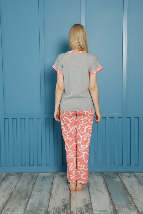 moda çizgi Kadın %100 Pamuk Penye Kısa Kol Pijama Takım 3454