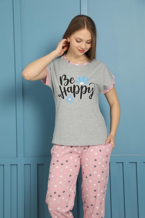 moda çizgi Kadın %100 Pamuk Penye Kısa Kol Pijama Takım 3460