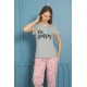 moda çizgi Kadın %100 Pamuk Penye Kısa Kol Pijama Takım 3460