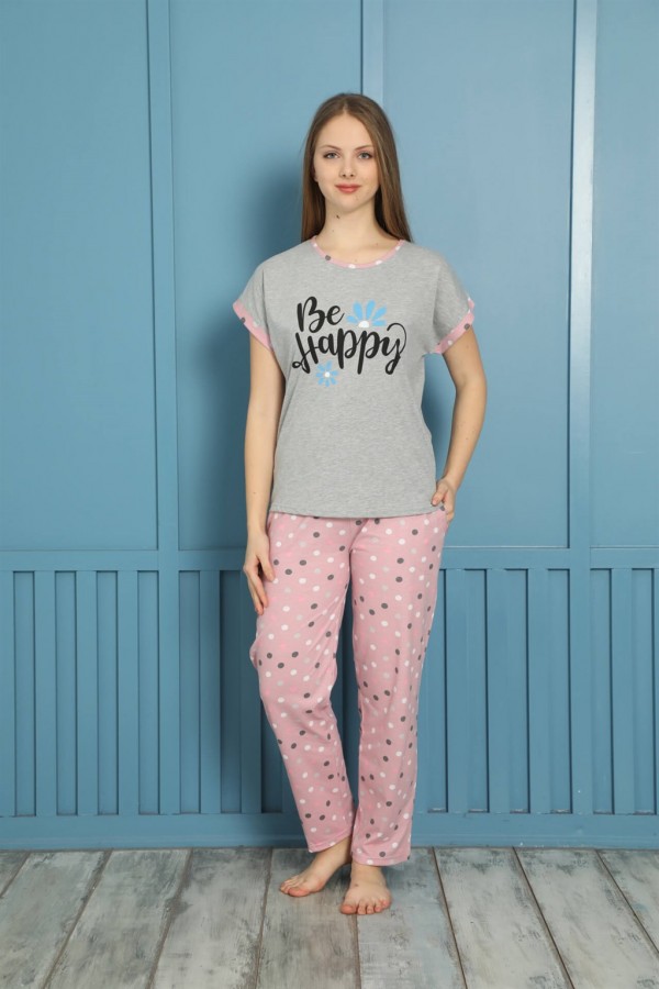 moda çizgi Kadın %100 Pamuk Penye Kısa Kol Pijama Takım 3460