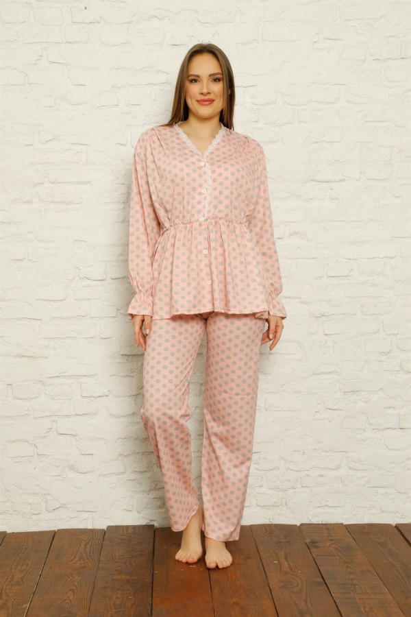 moda çizgi Kadın %100 Pamuk Penye Pileli Pijama Takım 17100