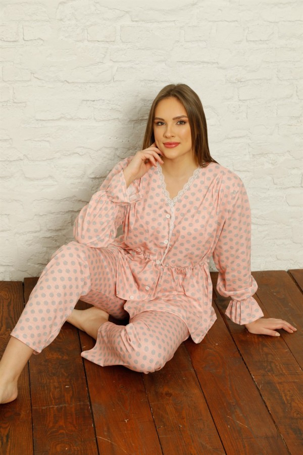 moda çizgi Kadın %100 Pamuk Penye Pileli Pijama Takım 17100