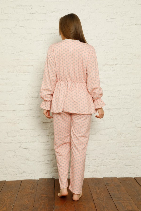 moda çizgi Kadın %100 Pamuk Penye Pileli Pijama Takım 17100
