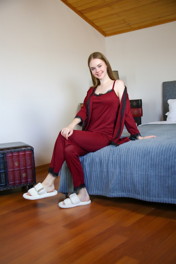 moda çizgi Kadın 3'lü Sabahlık Pijama Takım 20595