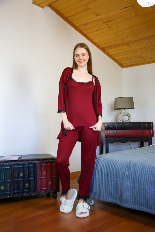 moda çizgi Kadın 3'lü Sabahlık Pijama Takım 20595