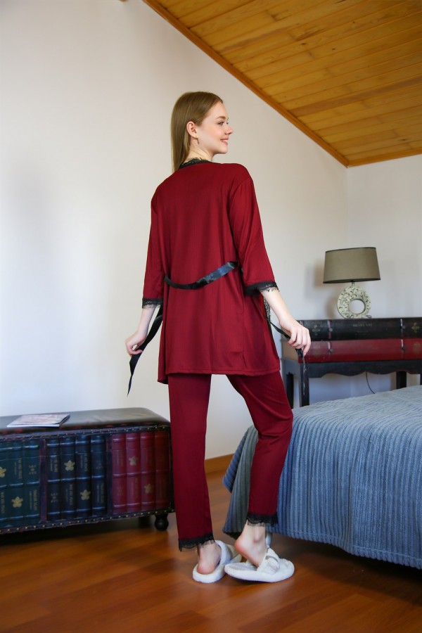 moda çizgi Kadın 3'lü Sabahlık Pijama Takım 20595