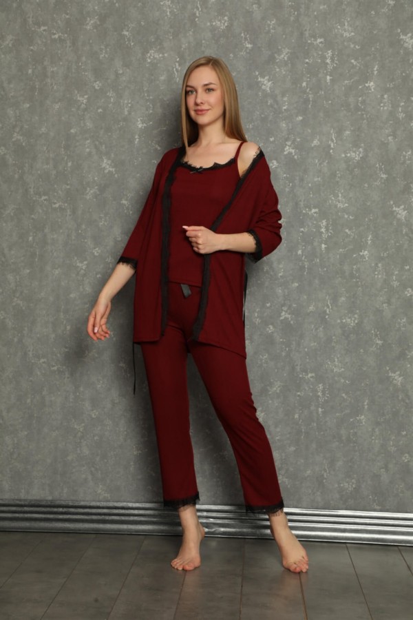 moda çizgi Kadın 3'lü Sabahlık Pijama Takım 20595