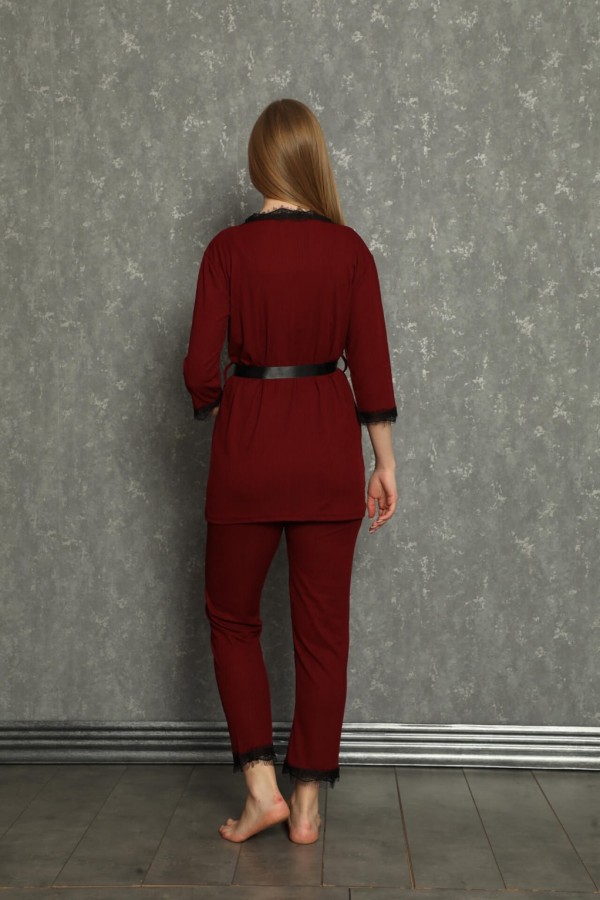 moda çizgi Kadın 3'lü Sabahlık Pijama Takım 20595