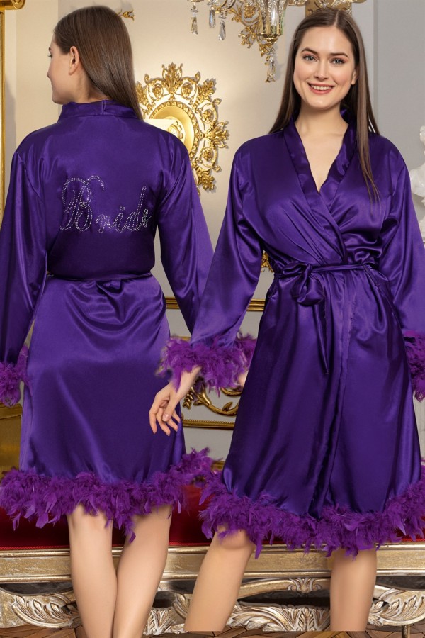 moda çizgi Kadın Bride Saten Tüylü Sabahlık 3008