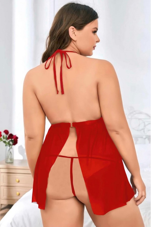 Moda Çizgi Kadın Büyük Beden Fantezi Gecelik Kırmızı B2027